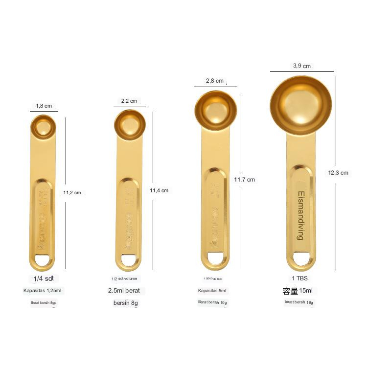 HOOMIN Sendok Takar Ukur Cup Stainless Steel / titanium Measuring Spoon 8 PCS - 16780 - Silver gold emas penakar takaran sendok teh , makan spoon