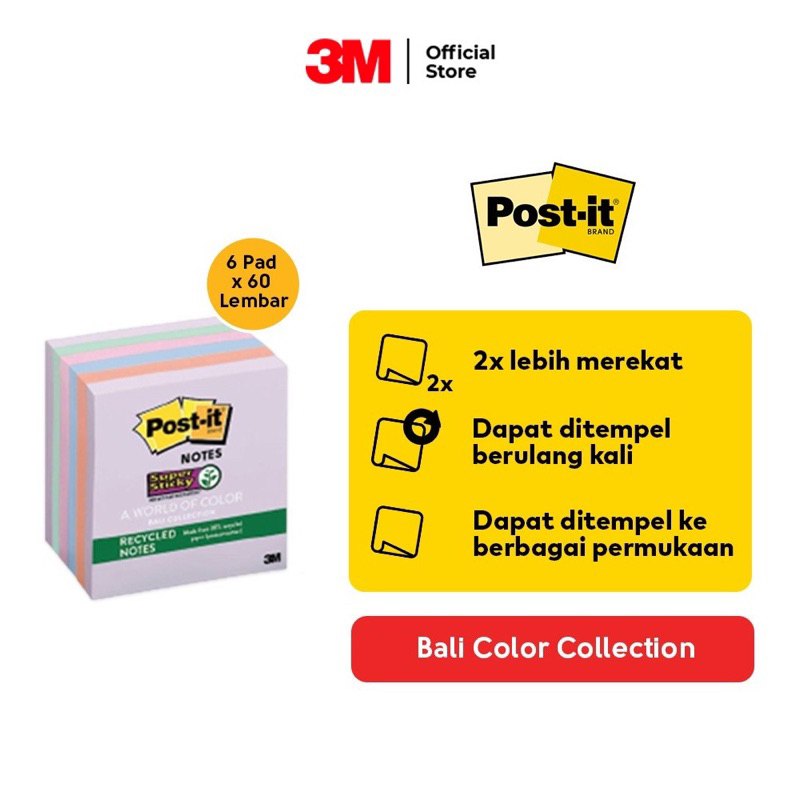 

3M Post-it Super Sticky Notes Bali 3x3" / 65 Lembar x 6 Pad / Memo Tempel / Warna Unik