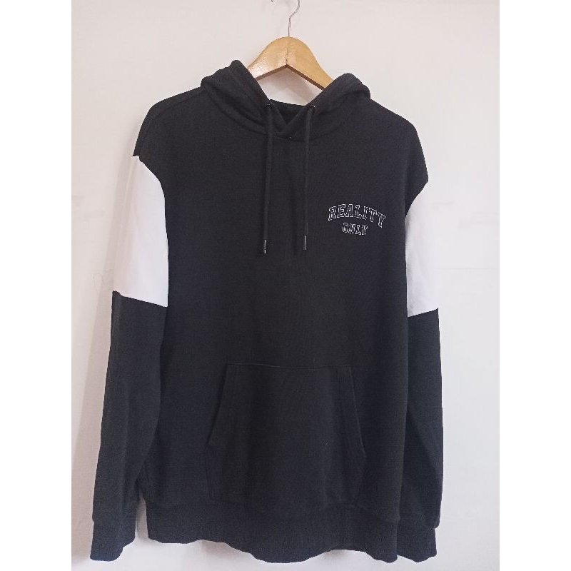 Hoodie Tebal Pria Merek Polham Warna Hitam lis Lengan Putih Bahan Cotton Baby Terry