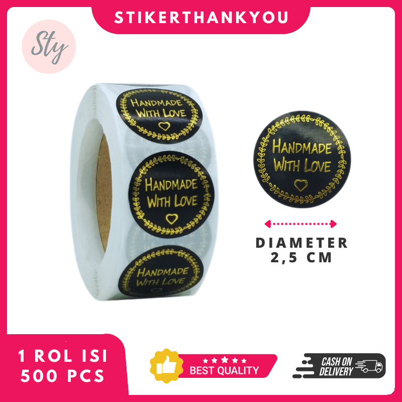 

Sticker Hand Made With Love 2,5CM untuk Label Kue/Roti/Bento 500PCS Roll