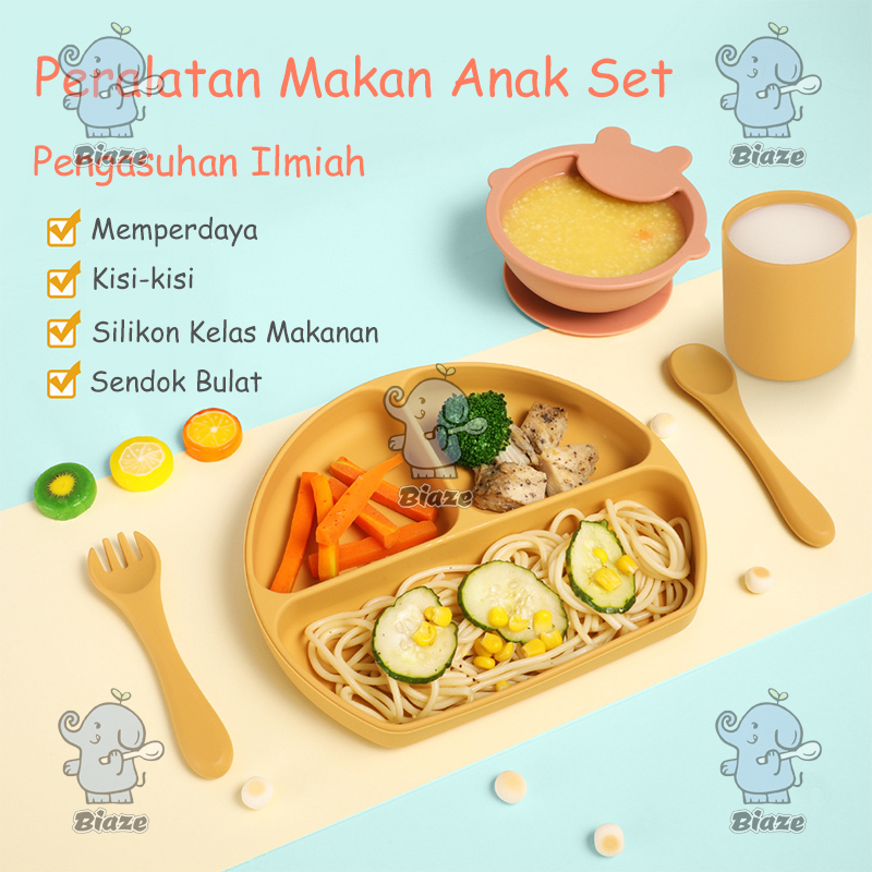 Biaze Peralatan Makan Anak Set Lucu Tableware Piring Garpu Sendok Food Grade Silikon Anti Tumpah Suction Plate Piring Makan Tempat Makan Bayi Feeding Set