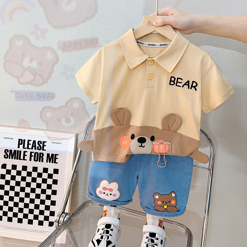 Setelan Anak Laki Laki AIDEN bear Baju Set 2in1 Kaos Polo dan Celana jeans Pendek 1 - 6 tahun Korean Style Import