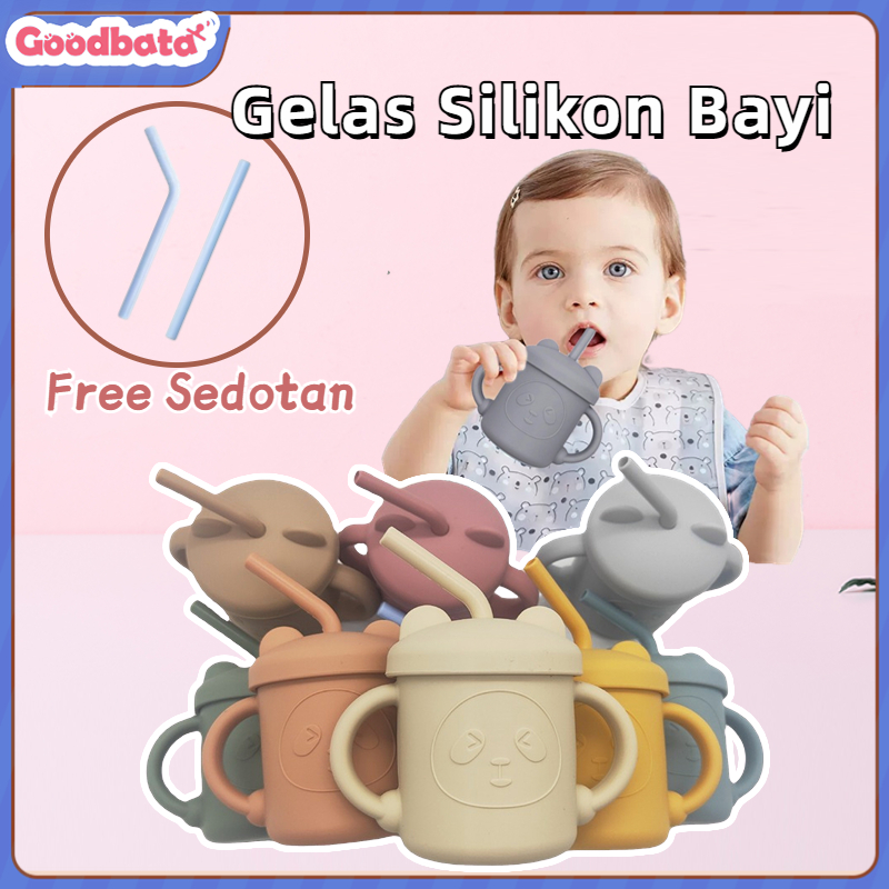 BPA FREE Gelas Silikon Bayi Training Cup Bayi Gelas Silicon Bayi Anti Tumpah Tempat Minum Bayi Gelas Straw Cup Bayi Ada Sedotan