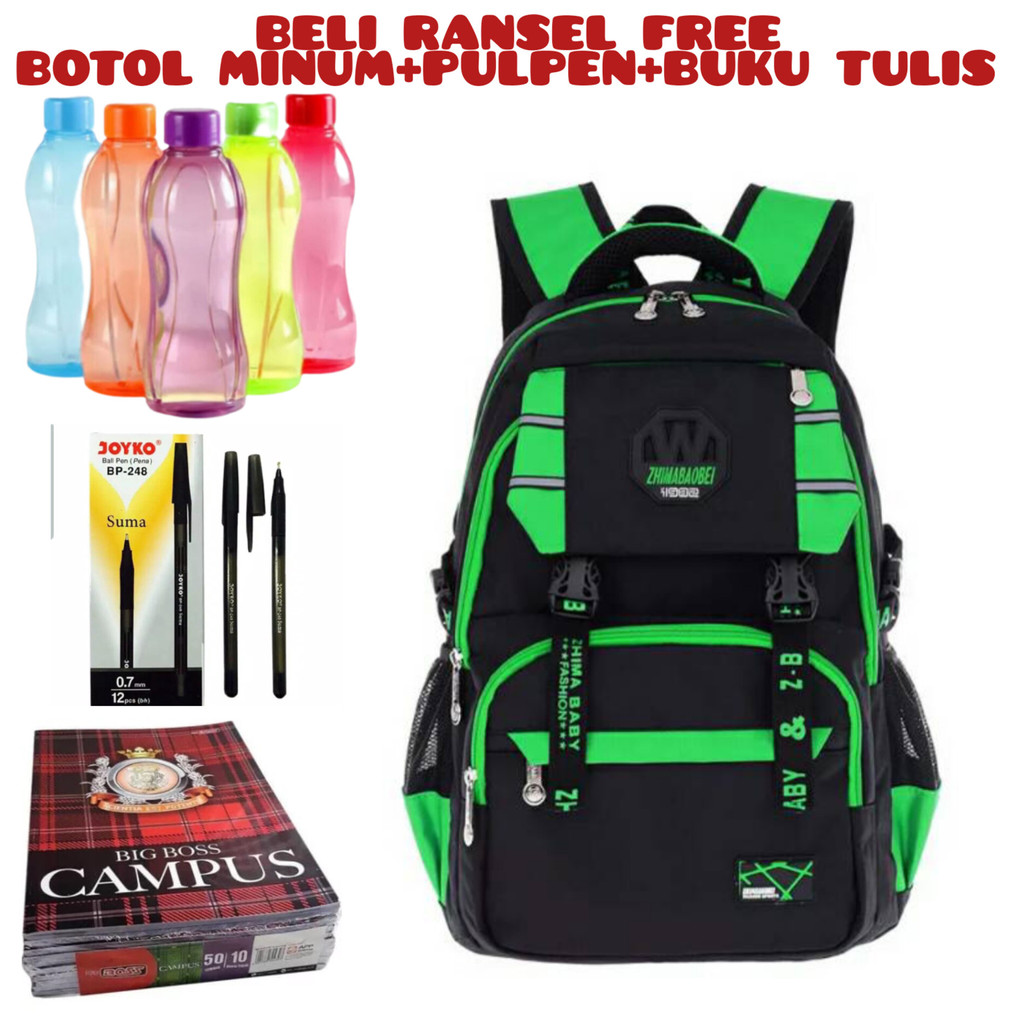 JS_ Beli 1 Dapat 4-Tas Ransel Sekolah Anak Laki-laki/Perempuan Backpack Tas Laptop Acer Unisex Tas Sekolah SD/SMP/KULIAH Beli Ransel Free Botol Minum+Pulpen+Buku Tulis