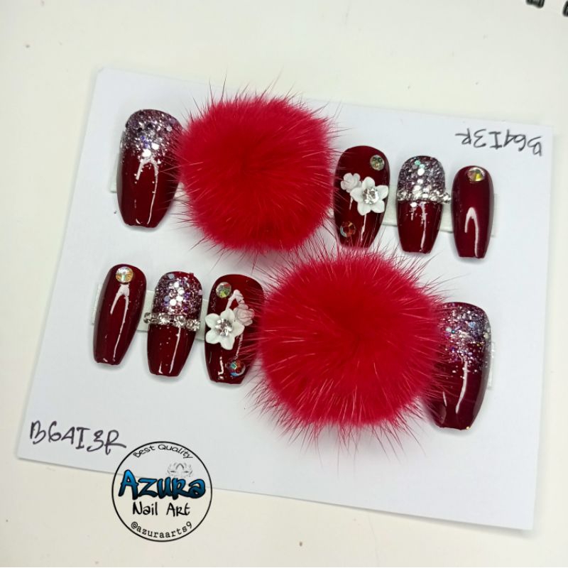 KUKU PALSU POMPOM MERAH / NAIL WEDDING MAROON / KUPAL HOMEMADE
