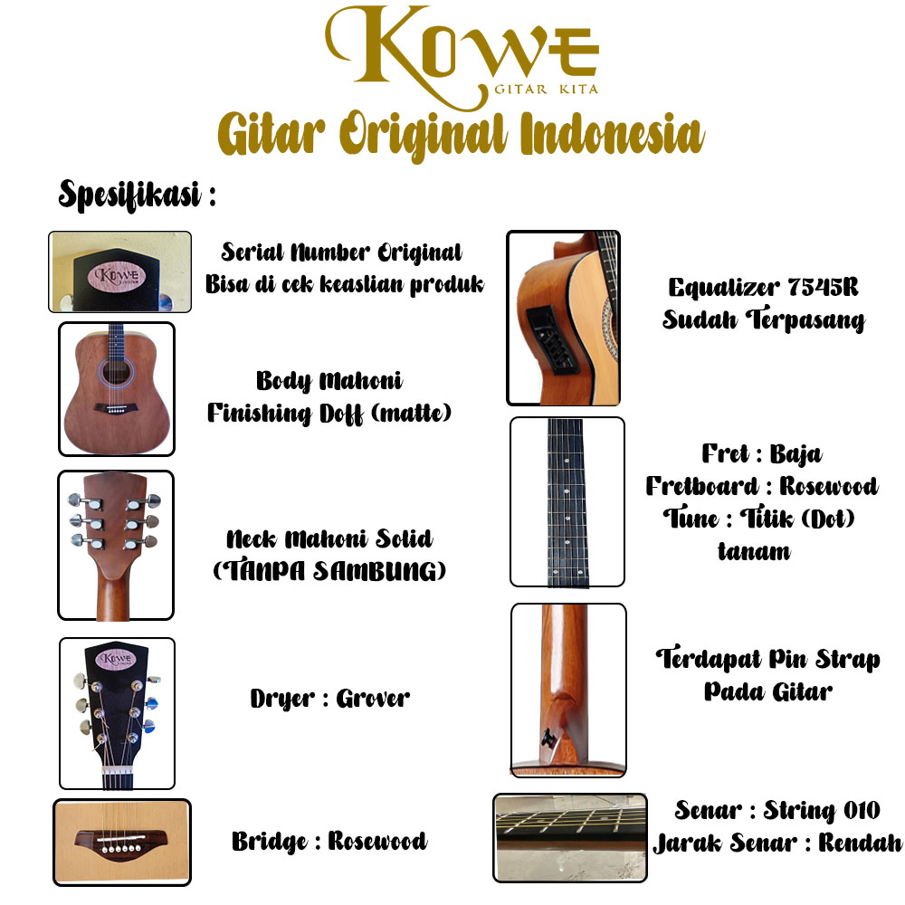 Gitar Akustik Elektrik 7545R Merk KOWE Original 100% Free Packing Kayu Bergaransi