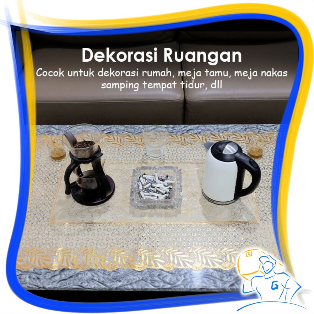 Taplak Meja Ruang Tamu PVC Alas Meja Anti Air Persegi Motif Minimalis Gold Vintage Renda Hias Premium