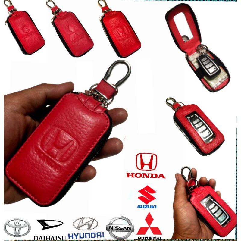 dompet kunci remote keyless mobil kulit asli transparan Zipper merah dompet STNK