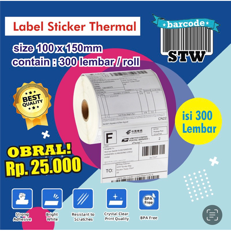 

Label Sticker Thermal 100 x 150 Isi 300pcs & 250pcs