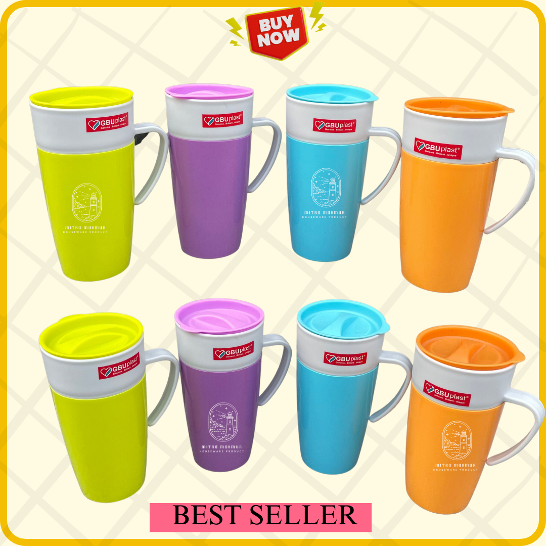 PROMO NEW MUG PLASTIK DOUBLE LAYER 550 ML AYAKA GBU PLASTIK GELAS GAGANG + TUTUP PLASTIK