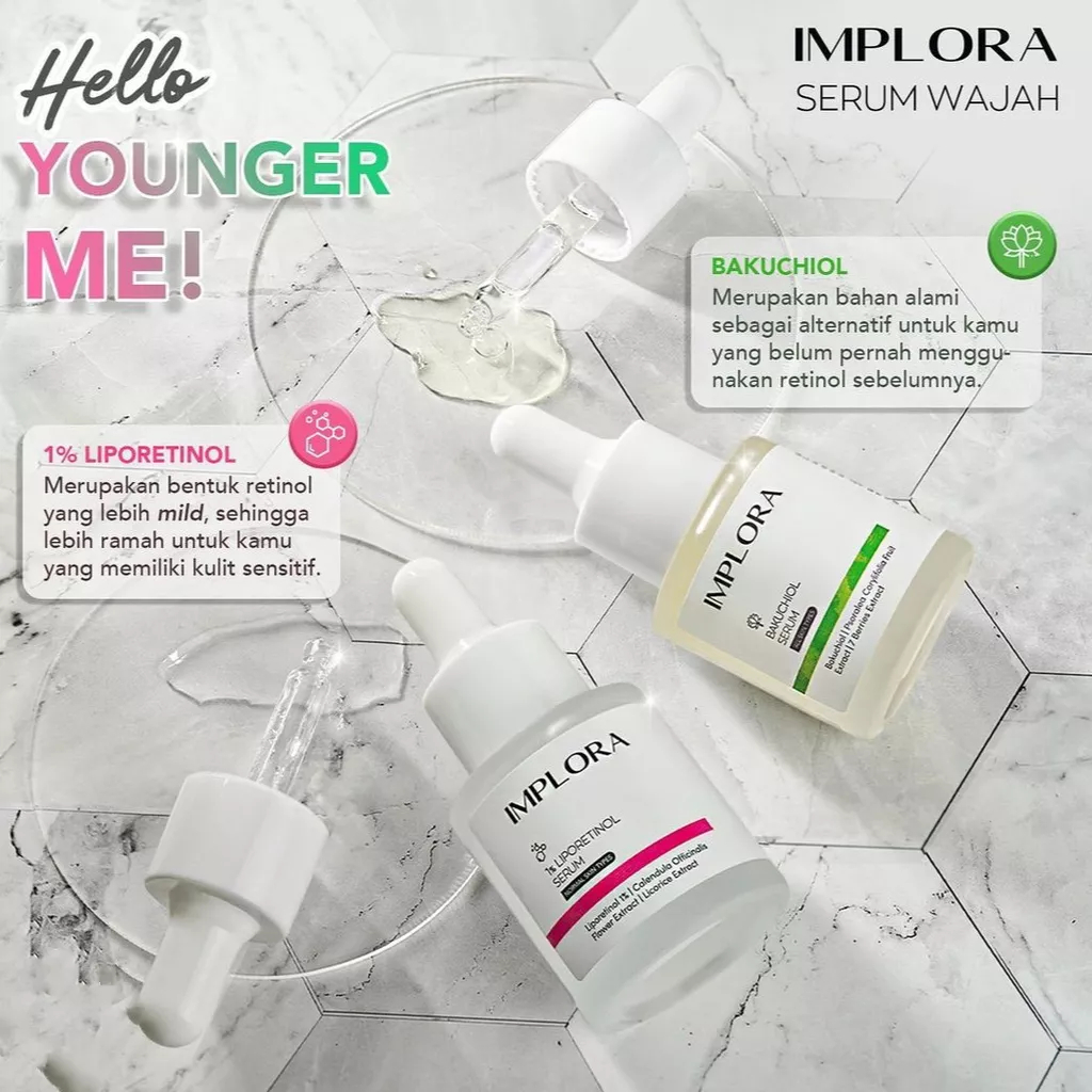 IMPLORA Serum 20ML | Luminous Brightening | Acne Jerawat | Peeling Exfoliating | Liporetinol | Bakuchiol | Salmon DNA | Birdnest Nourish | Midnight | Hydrating | Meningkatkan Elastisitas Kulit dan sebagai Antioksidan | Halus &amp; Glowing