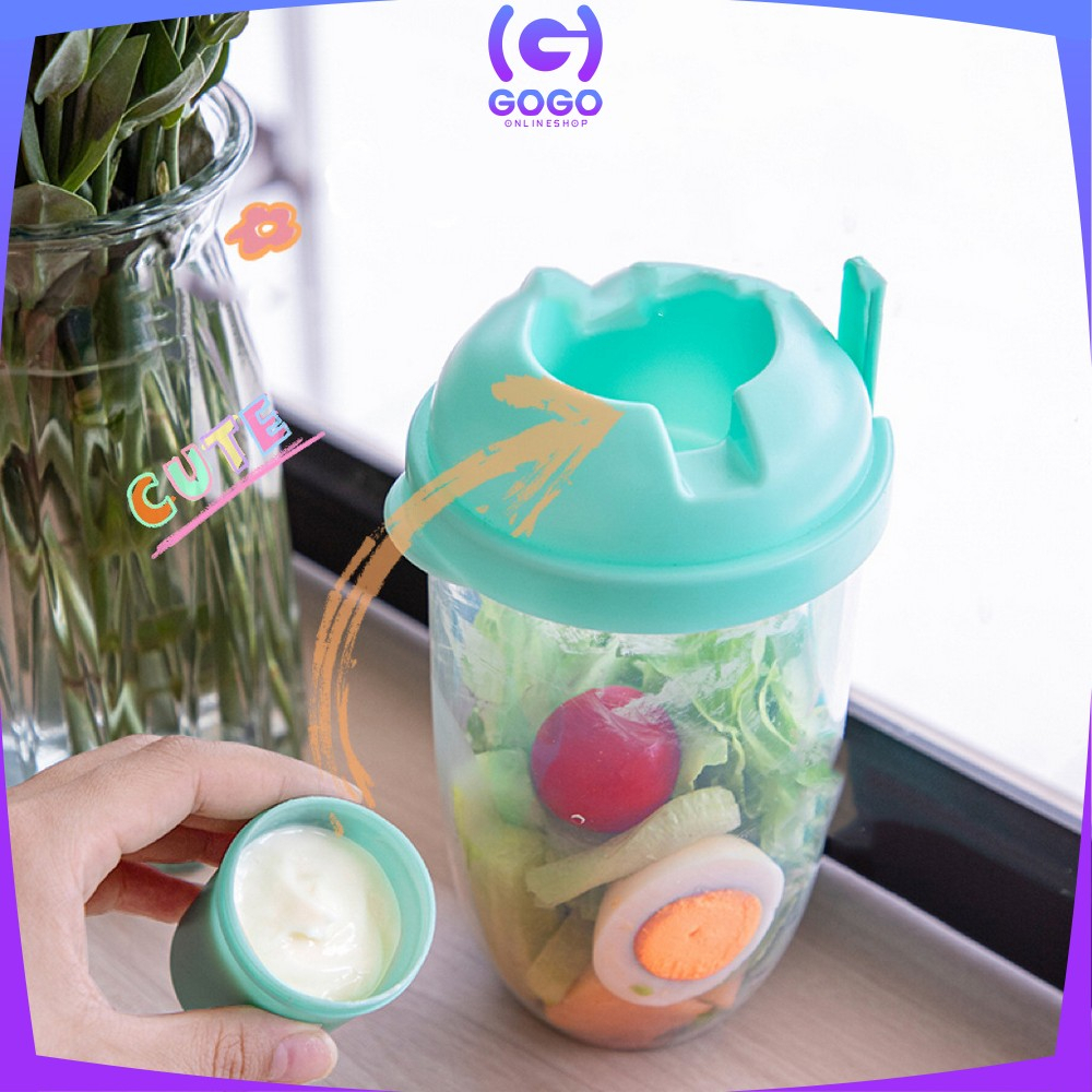 GOGO-C863 Botol Salad 1000ML dengan Sendok Garpu + Botol Saus Kecil Praktis Portable / Tempat Makan Buah Sayur Salad Transparan BPA FREE / Gelas Salad Plastik Import