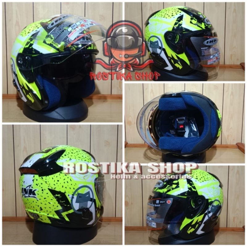 HELM INK METRO 2 MOTIF - SUPER FLUO YELLOW FLUO | DOUBLE VISOR | HELM SNI
