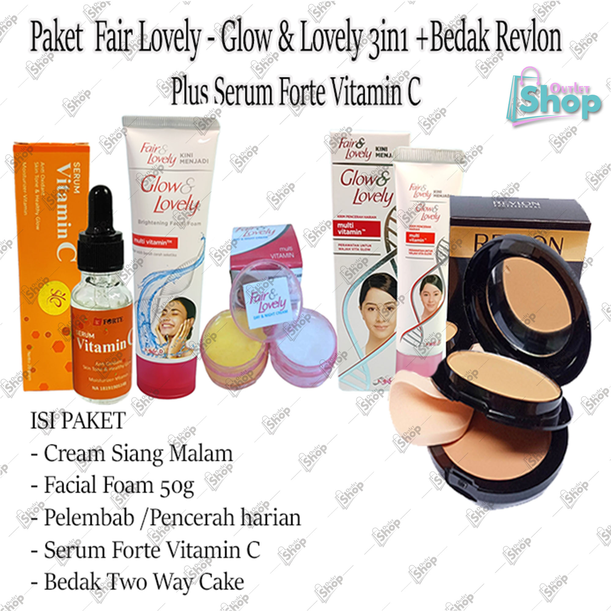 Paket 5in1 Fair&amp;Lovely Facial Foam-Krim Siang Malam - Bedak Revlon 2in1-pelembab 25gr - Serum Hanasui Vitamin C BPOM