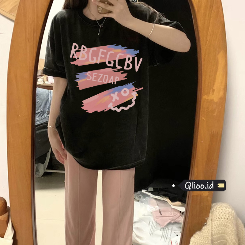 Print Washed T-shirt Kaos Lengan Pendek Oversize Graffiti Oil Painting Korean Style Atasan Wanita