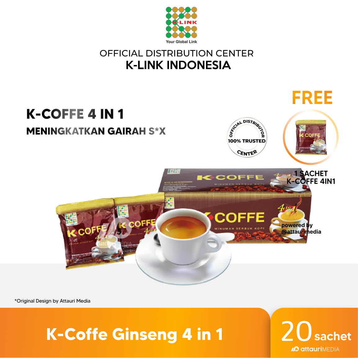 

K COFFE 4 in 1 Halal BPOM 1 Box isi 20 Sachet Kopi Ginseng Penambah Stamina | Original by Distributor Center K-LINK Indonesia