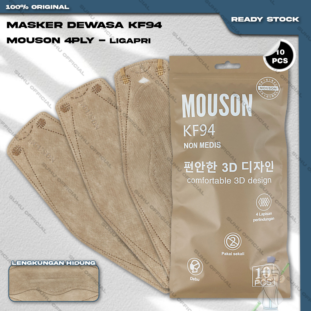 Masker KF94 MOUSON 4Ply isi 10Pcs Light Apricot Cream Korea KF 94 4 Ply Earloop Surgical Mask