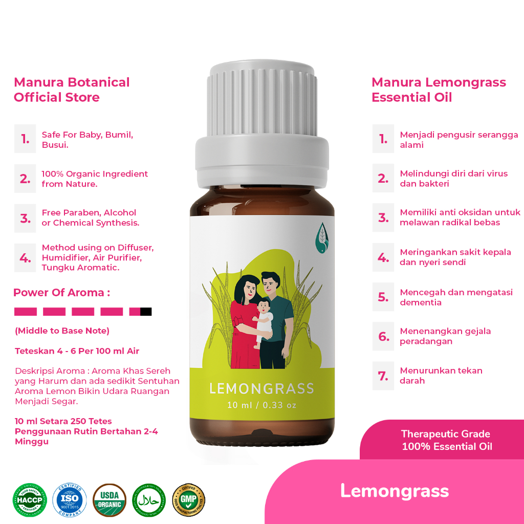 Manura - Lemongrass Minyak Sereh Dapur Indonesia Essential Oil Certified Organic &amp; Therapeutic Grade