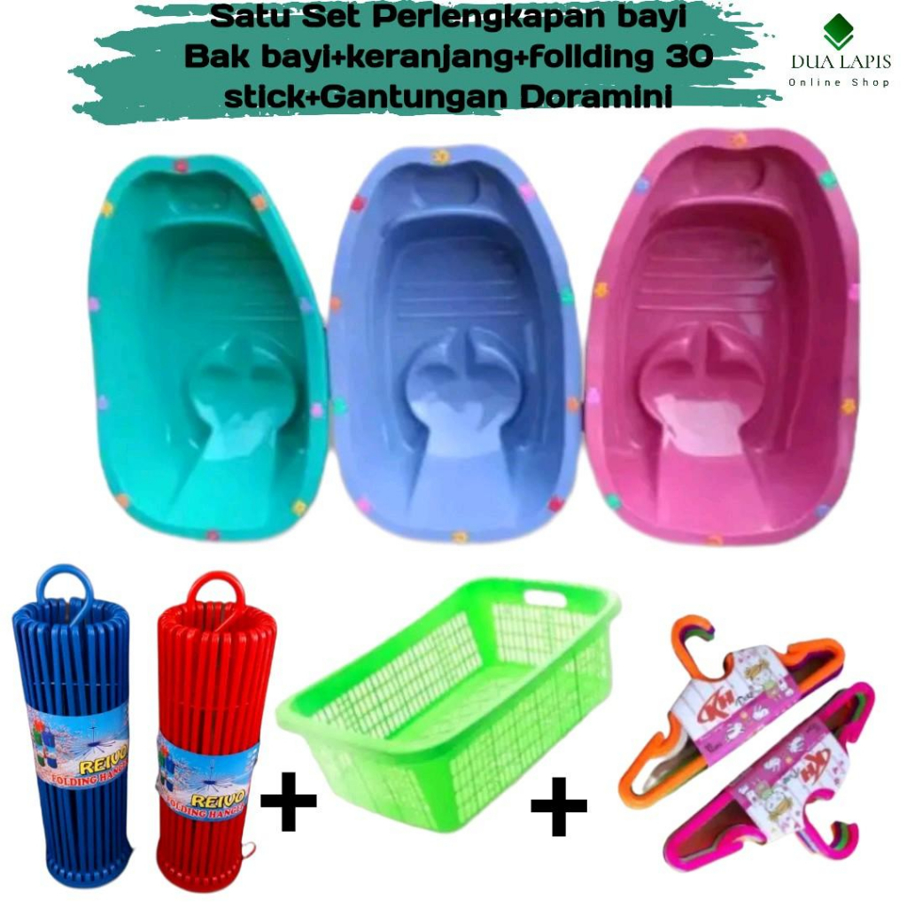 1 Set Perlengkapan Mandi Bayi (Bak Mandi Bayi+Folding+Keranjang Persegi+Gantungan Doramini