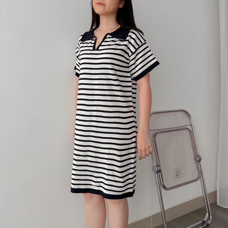 KANON - Uta Knit Dress - Dress basic rajut midi motif strip musim panas