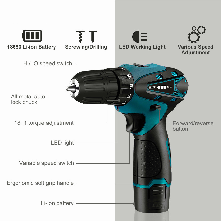 (dalam stok, COD)YUN Mall Mesin Bor Baterai 10mm 12V Mesin Bor Listrik Dual Speed Cordless Drill Set Dua Kecepatan Bor Listrik Obeng Elektrik 1/2 Batteries Pengisi daya