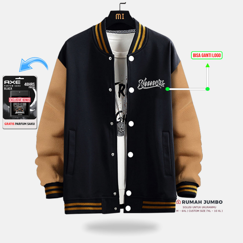 Jaket Bomber Varsity Oversize (M - 6XL) Baseball Custom SUMERS BLACK MOCCA