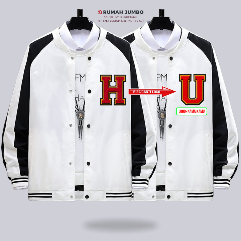 Jaket Bomber Varsity Oversize (M - 6XL) Baseball Custom H WHITE BLACK