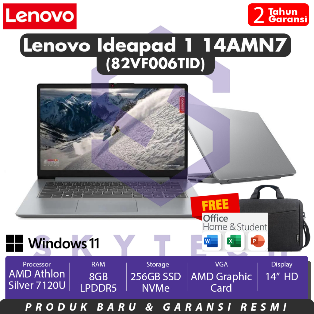 LAPTOP LENOVO IDEAPAD 1 14AMN7 6TID AMD ATHLON 7120U RAM 8GB SSD 256GB WINDOWS11+OHS 82VF006TID