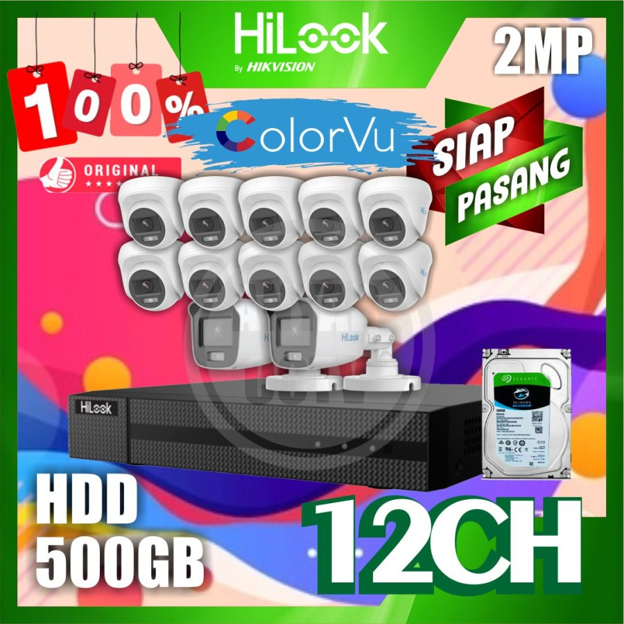 Paket CCTV HiLook 2MP COLORVU 12 KAMERA HDD 500GB SIAP PASANG