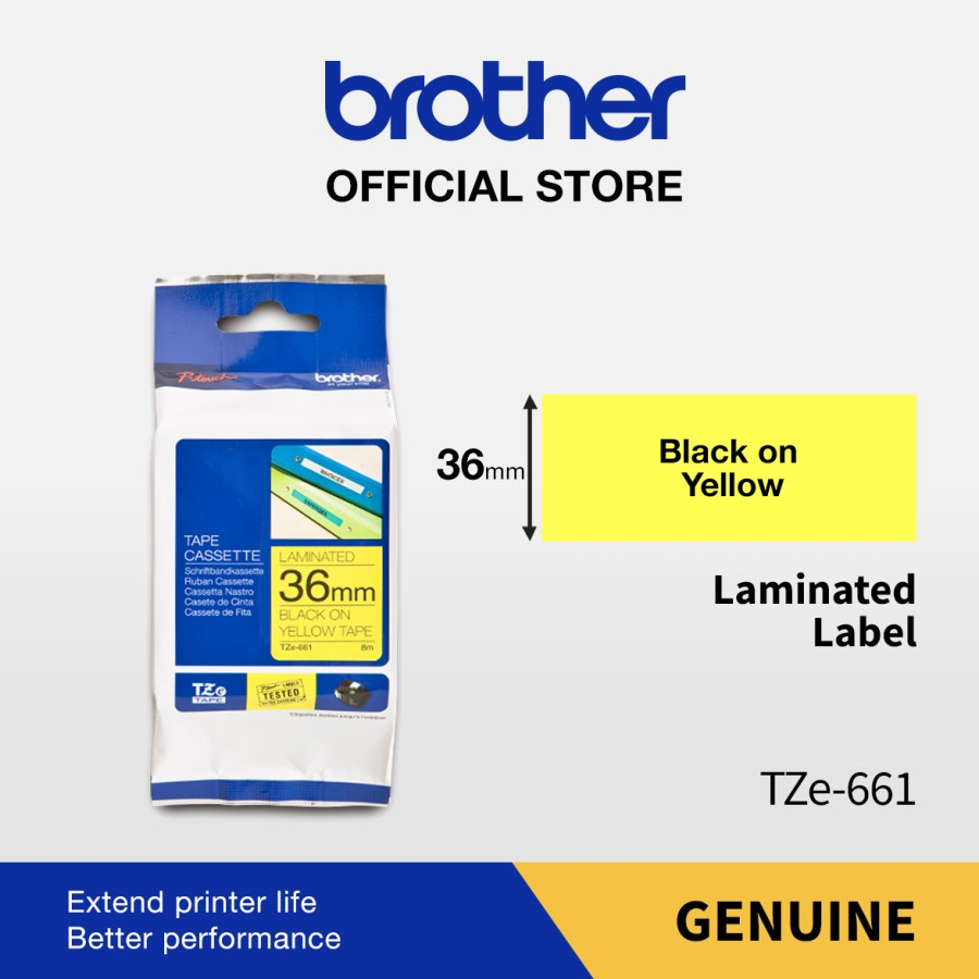 Brother Ptouch Label Tape TZE-661 36mm x 8m Laminated Black on Yellow