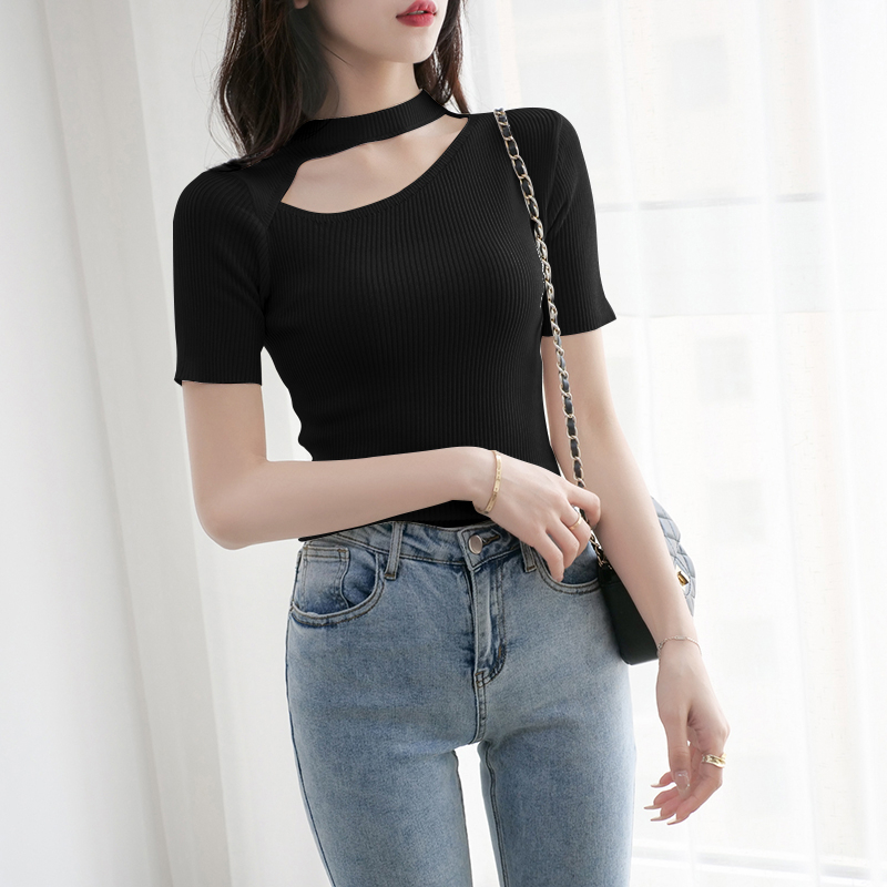 【Elegant】Off Shoulder Short Hollow Out T-shirt 2120