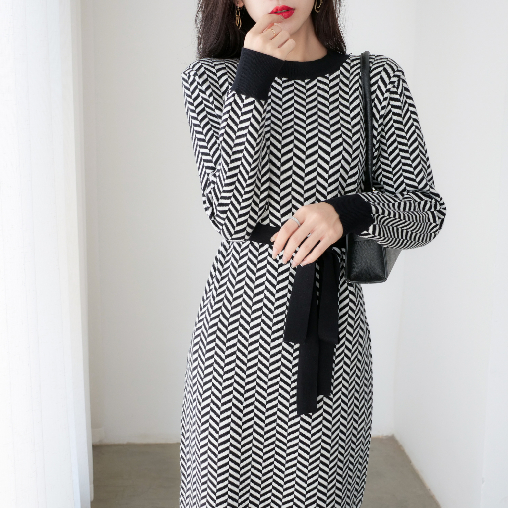 【Elegant】Zigzag Midi Belted Dresses 2102