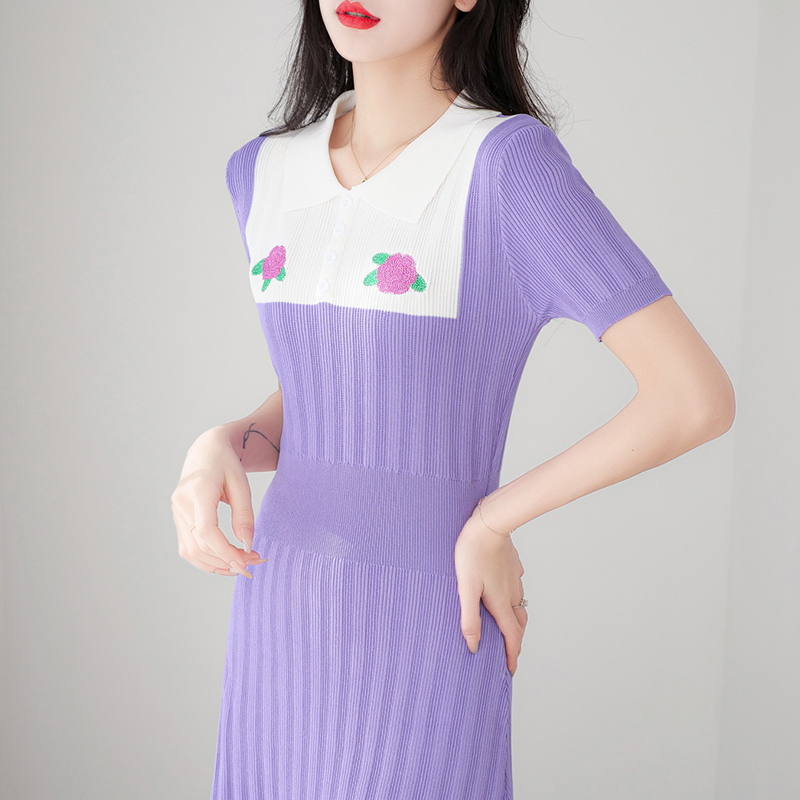 【Elegant】A-Line Elegant Knitted Short O Neck Mid Calf Dress 2098