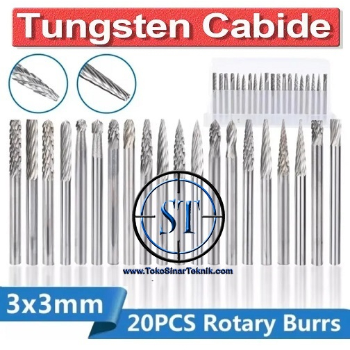 Cuner Set 20 pcs New Tuner 3mm Tunner Baja Mata Bor Gerinda Tungsten Carbide Ukir Spiral Drill Rotary Tools