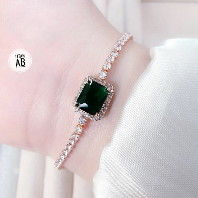 Gelang Tangan Rantai Full Permata Mata Hijau Gold Titanium N26052301