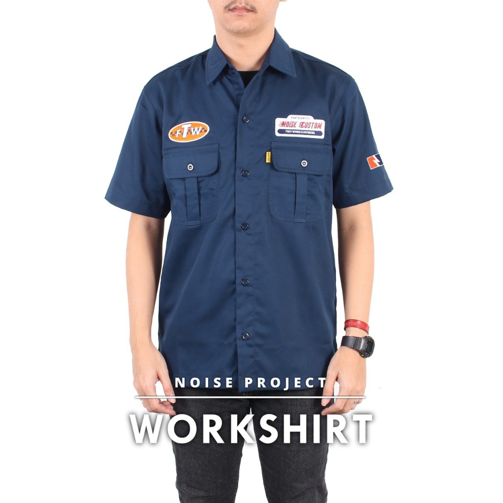 WOLV - Baju Kemeja Kerja Pria Workshirt Biru Navy Lengan Pendek Original / Baju Bengkel Mekanik Style