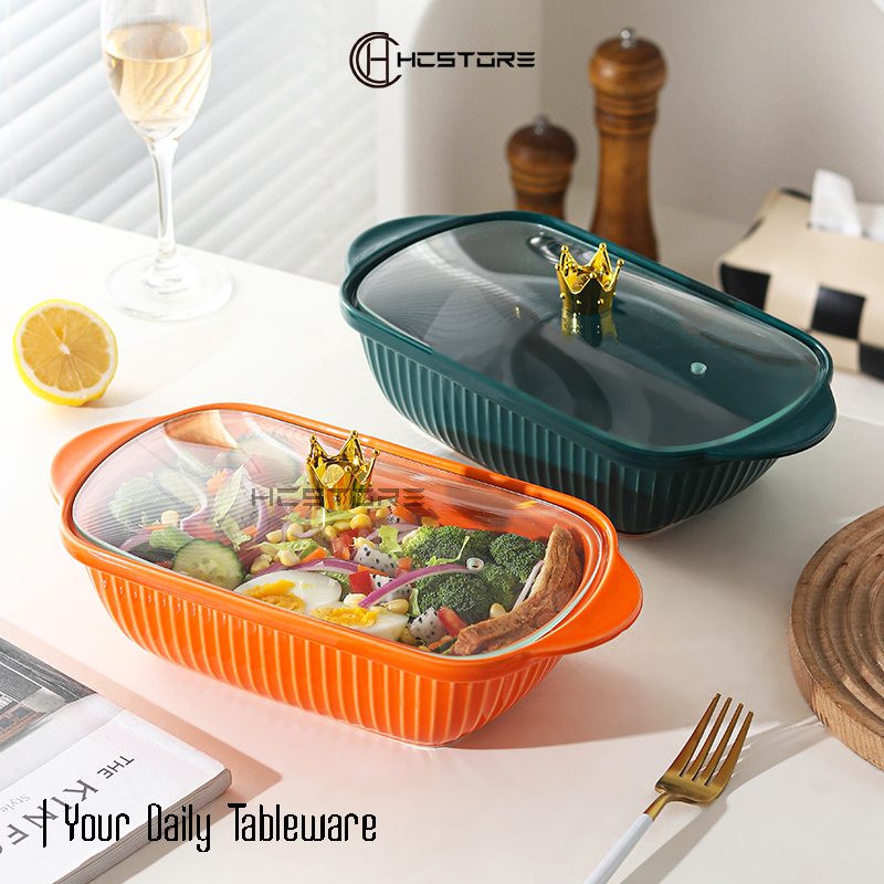 Prasmanan Single Keramik Piring Saji Keramik Tutup Kaca Crown Microwave Safe