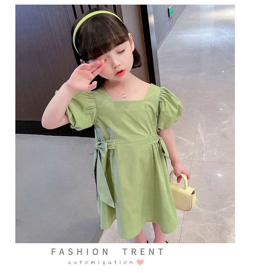 Dress Anak Perempuan Sage Green Motif Polos Pita Samping Tali Silang Belakang