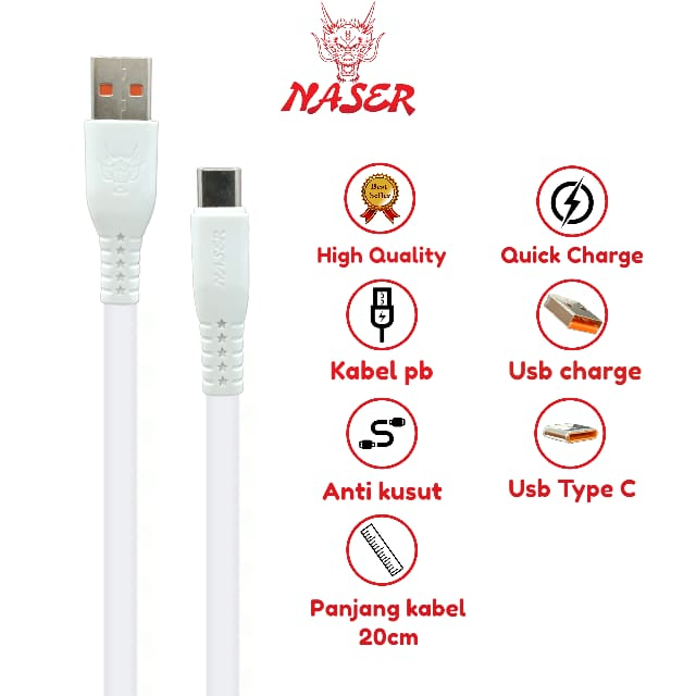 NASER KABEL DATA CHARGER GEPENG 20CM TYPE C / KABEL POWERBANK USB TO TYPE C NON PACK