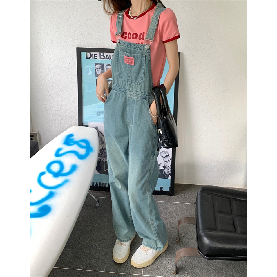 Biru retro Overall Jeans Wanita Celana Katak Gaya Korea yang Trendi