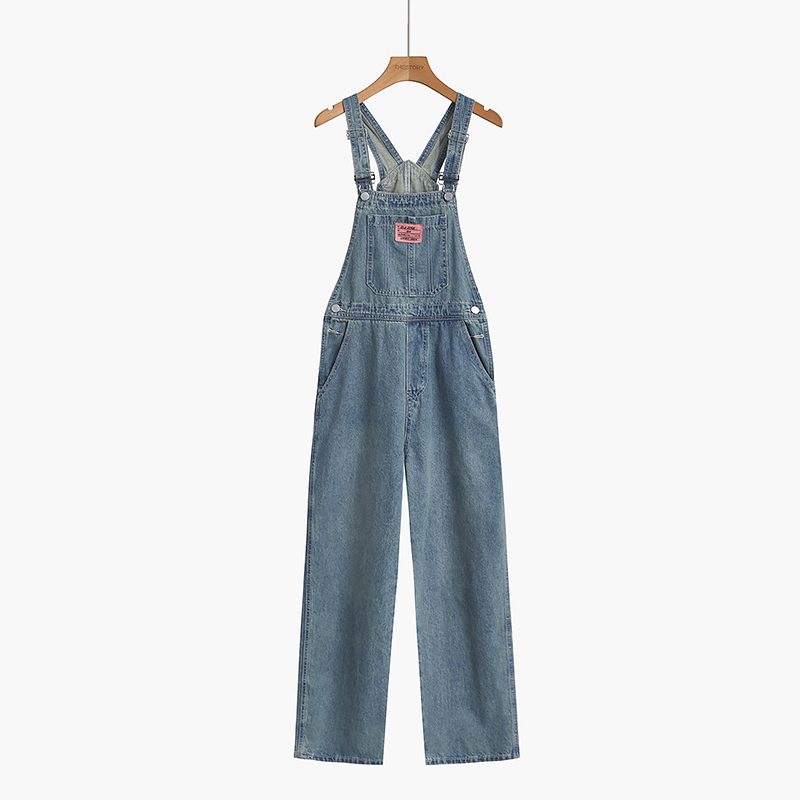 Biru retro Overall Jeans Wanita Celana Katak Gaya Korea yang Trendi