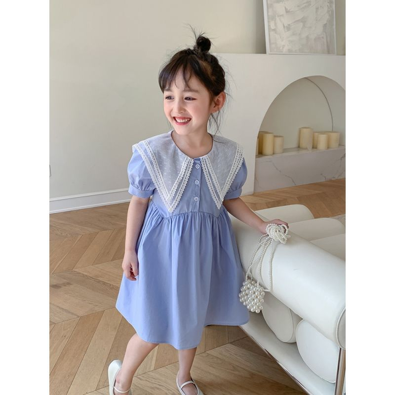 Dress Anak Perempuan Biru Polos Kancing Atas