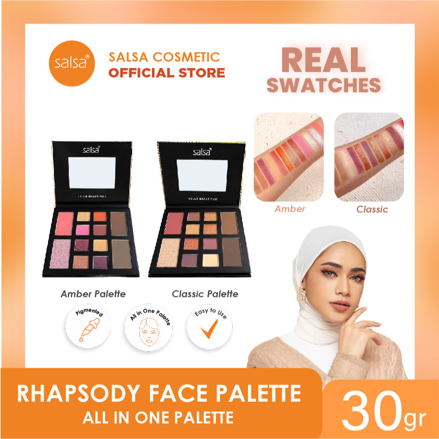 SALSA Rhapsody Palette Indonesia / Palet Eyeshadow Blush On Contour Highlighter 22g / 4 In 1 Pigmented All In One Palette / Shade Classic Amber / Eye Shadow Blushon Blusher High Lighter / Warna Natural Shimmer Glowing / Cosmetic Makeup Face Make Up Series