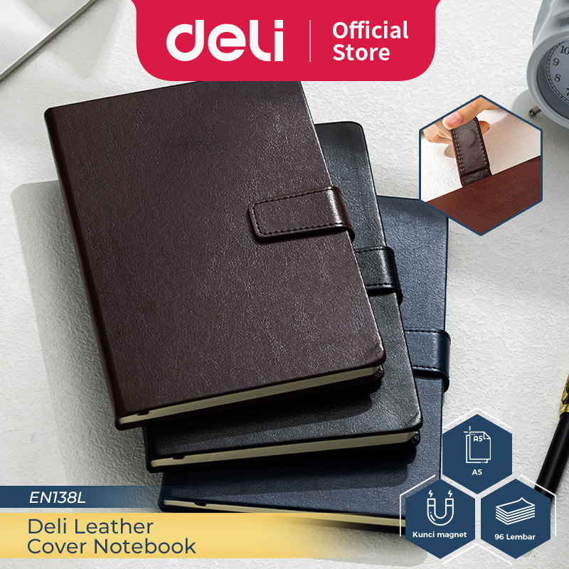 

Deli Leather Cover Notebook / Buku Catatan / Agenda Sampul Kulit A5 96 Lembar Hard Cover Pengunci Magnet EN138L