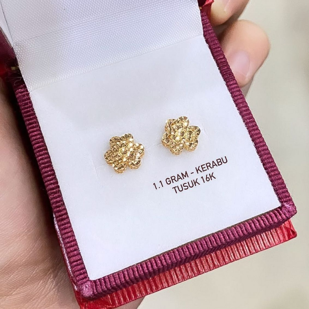 Anting anak dan dewasa emas asli kadar 70 16k bunga clover lucky paku cucuk tusuk duduk kerabu