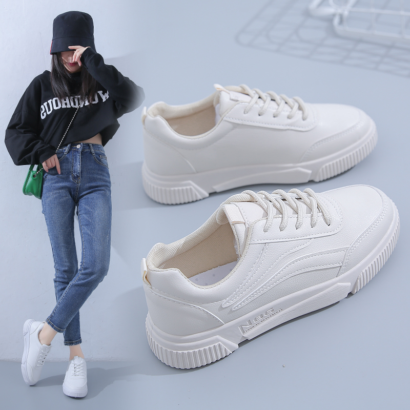 [Restock 7 Nov.] Sepatu Kets Sneakers Putih Wanita Perempuan Sekolah Korea Casual Sepatu Olahraga Kulit Sol Karet Tali Import Murah Casual Fashion White Beige Sport Skate Shoes - Ukuran 35 36 37 38 39 40