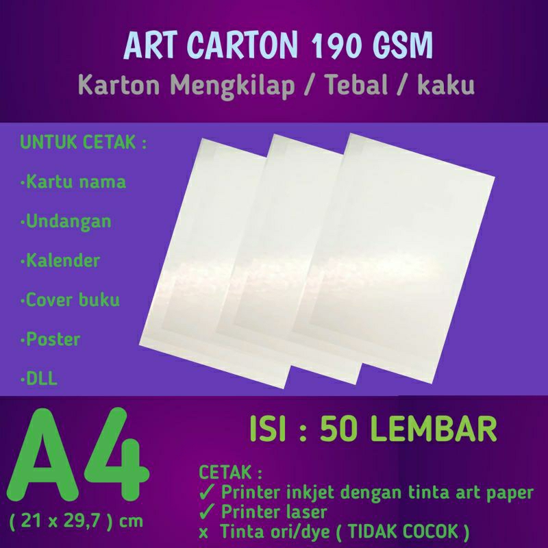 

Art Karton 190 GSM A4 isi 50 Lembar / Kertas Art Carton / Art Paper Glossy 190 gram