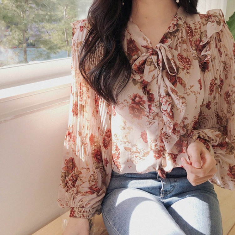 Top Blouse Kemeja Loose Perempuan Chiffon Pleated Balloon Sleeve