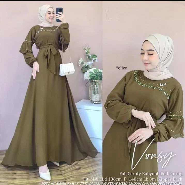 Baju muslim wanita Namira / Vonsy dress / Gamis ceruty polos Mix payet maryam Size M L&amp; XL