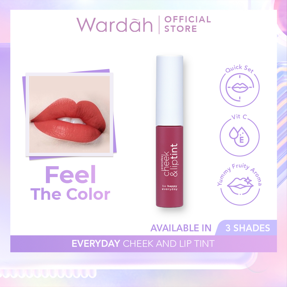 WARDAH Everyday Cheek &amp; Lip Tint Indonesia / 5.5g / Be Happy Everyday / Moisturising Nourishing Pigmented And Natural Finish Yummy Fruity Aroma / Quick Set Vit C / 01 Red Set Glow 02 My Baerry 03 Pink On Point / Cosmetic Makeup Lips Make Up Lipstick Lips